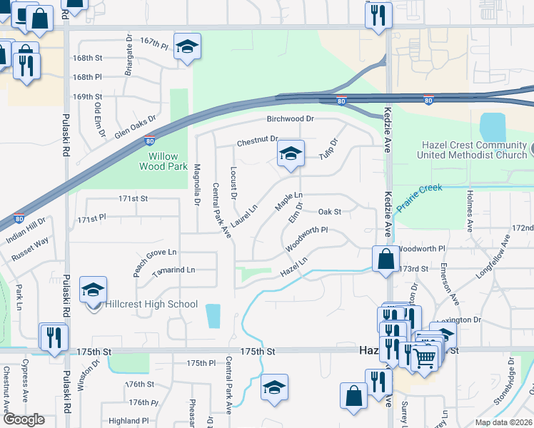 map of restaurants, bars, coffee shops, grocery stores, and more near 3500 Maple Lane in Hazel Crest