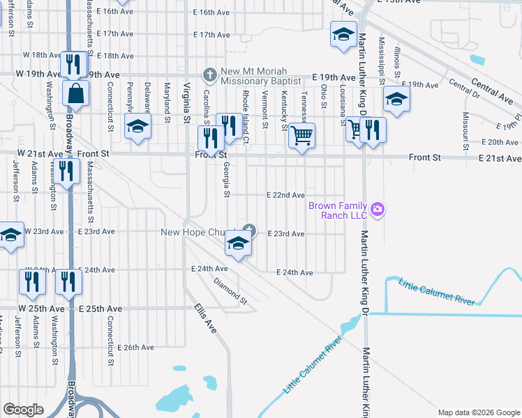 map of restaurants, bars, coffee shops, grocery stores, and more near 900-998 East 22nd Avenue in Gary
