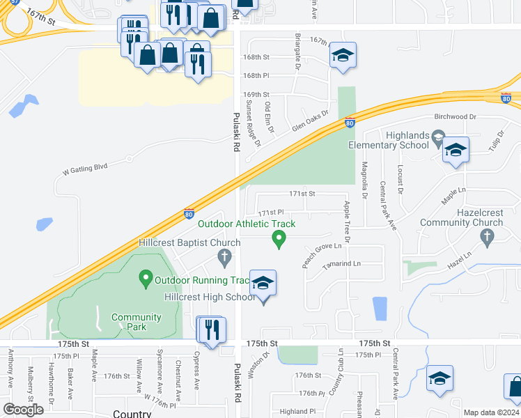 map of restaurants, bars, coffee shops, grocery stores, and more near 17142 Orchard Lane in Country Club Hills