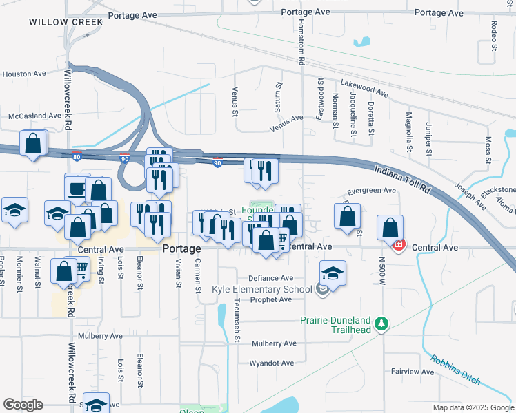 map of restaurants, bars, coffee shops, grocery stores, and more near 2545 N Founders Sq in Portage