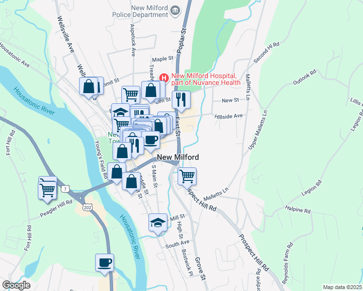 map of restaurants, bars, coffee shops, grocery stores, and more near 28 East Street in New Milford
