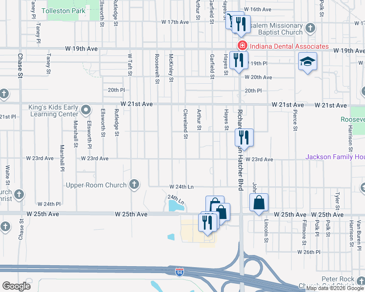 map of restaurants, bars, coffee shops, grocery stores, and more near 2206 Cleveland Street in Gary