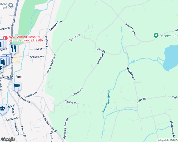 map of restaurants, bars, coffee shops, grocery stores, and more near 91 Legion Road in New Milford