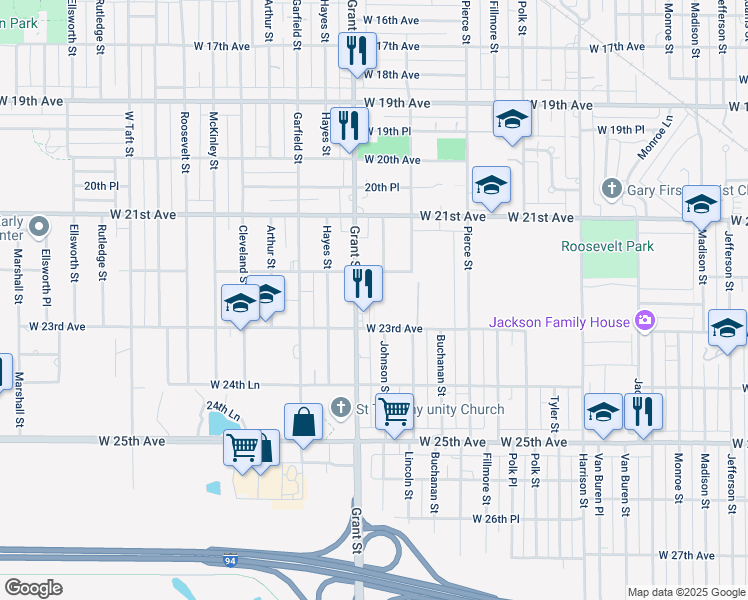 map of restaurants, bars, coffee shops, grocery stores, and more near West Johnson Street in Gary