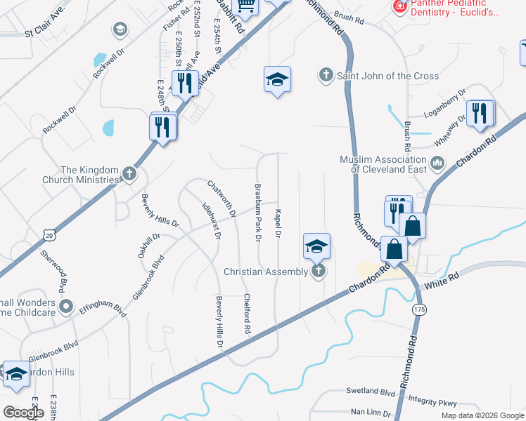map of restaurants, bars, coffee shops, grocery stores, and more near 25650 Glenbrook Boulevard in Euclid