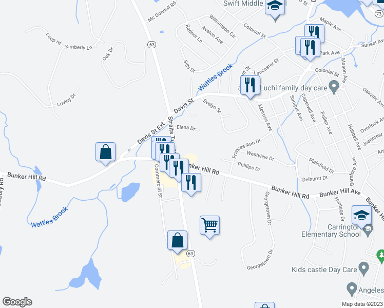 map of restaurants, bars, coffee shops, grocery stores, and more near 35 Bunker Hill Road in Watertown