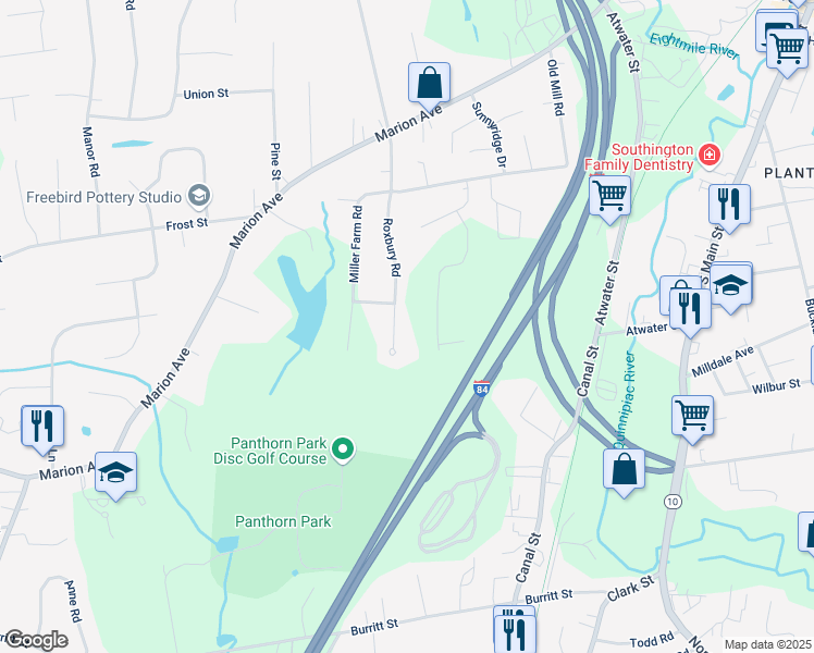 map of restaurants, bars, coffee shops, grocery stores, and more near 125 Roxbury Road in Southington