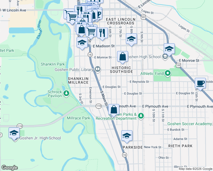 map of restaurants, bars, coffee shops, grocery stores, and more near 623 South 6th Street in Goshen