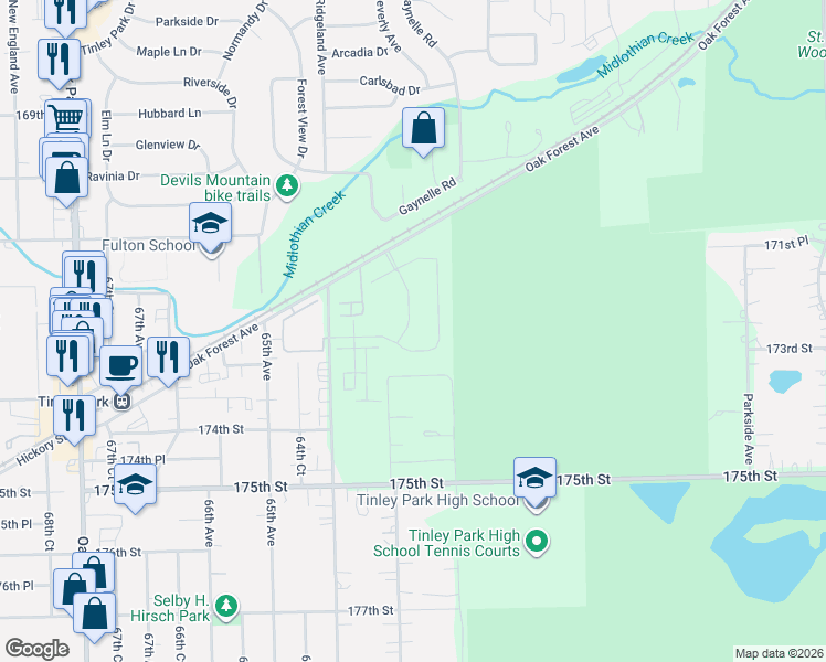 map of restaurants, bars, coffee shops, grocery stores, and more near 17301 Ridgeland Avenue in Tinley Park