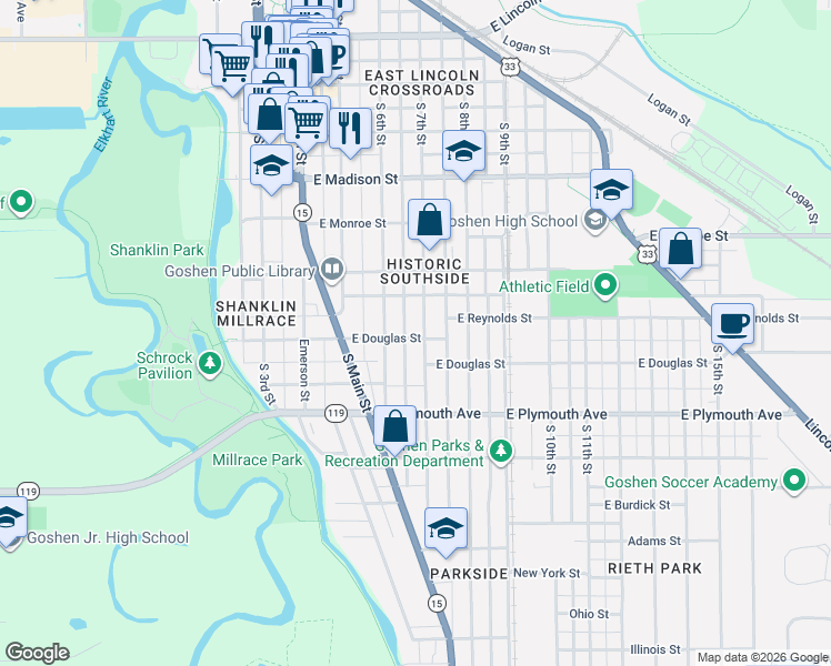 map of restaurants, bars, coffee shops, grocery stores, and more near 621 South 7th Street in Goshen