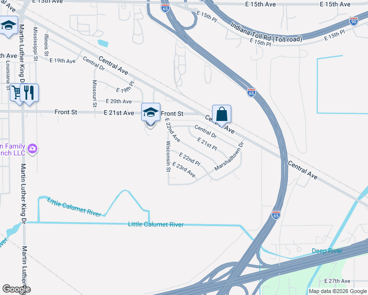 map of restaurants, bars, coffee shops, grocery stores, and more near 2559 East 21st Place in Gary