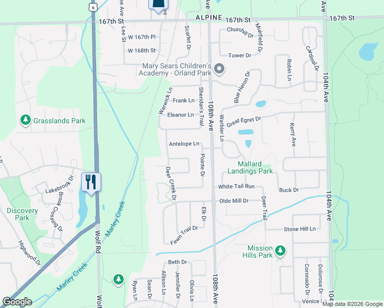 map of restaurants, bars, coffee shops, grocery stores, and more near 10847 Antelope Lane in Orland Park