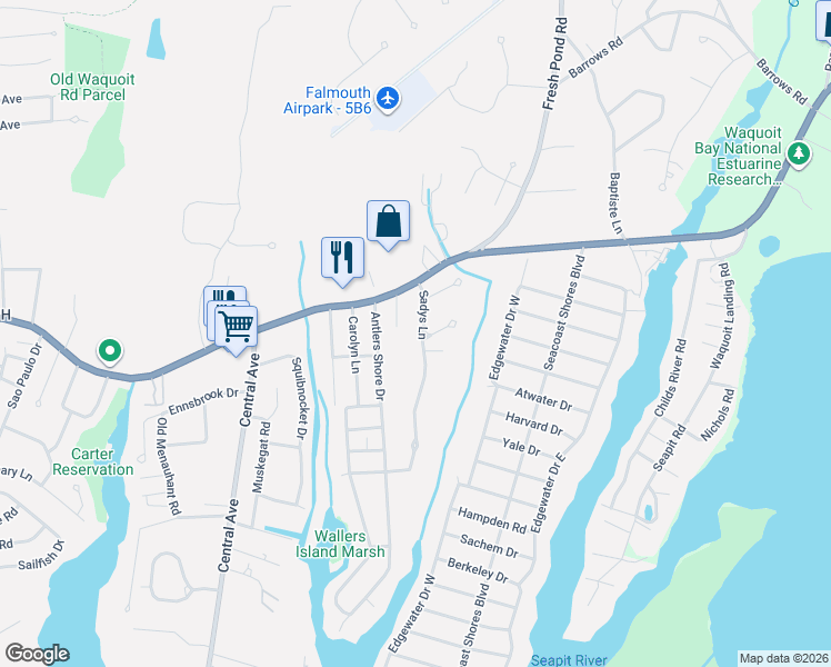 map of restaurants, bars, coffee shops, grocery stores, and more near 98 Sadys Lane in Falmouth