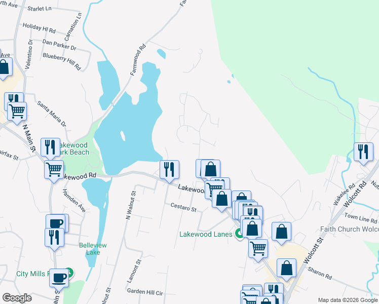 map of restaurants, bars, coffee shops, grocery stores, and more near 111 Grilleytown Road in Waterbury