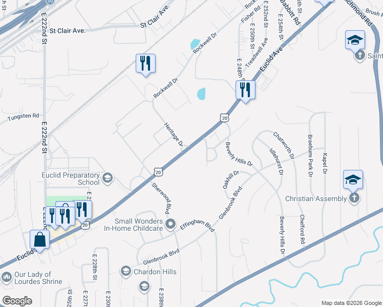 map of restaurants, bars, coffee shops, grocery stores, and more near 1357 Heritage Drive in Euclid