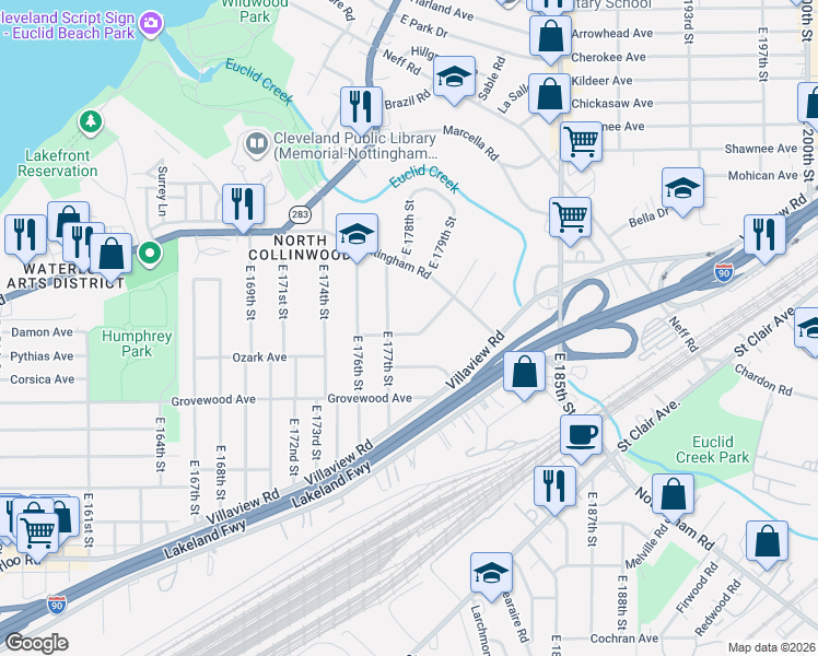 map of restaurants, bars, coffee shops, grocery stores, and more near 1071 East 177th Street in Cleveland