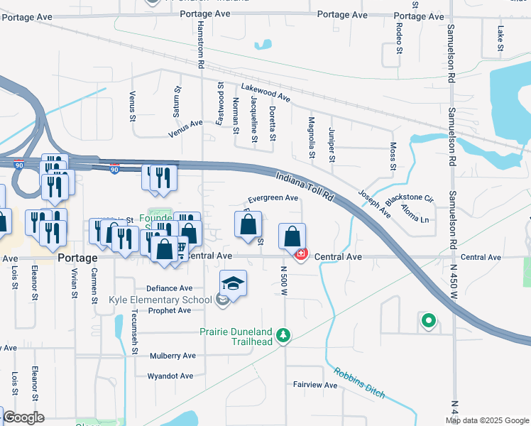 map of restaurants, bars, coffee shops, grocery stores, and more near 6465-6495 Evergreen Avenue in Portage