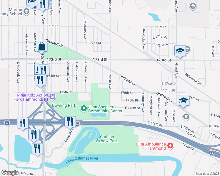 map of restaurants, bars, coffee shops, grocery stores, and more near 7417 Parrish Ave in Hammond