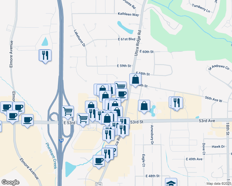 map of restaurants, bars, coffee shops, grocery stores, and more near East 55th Street in Davenport