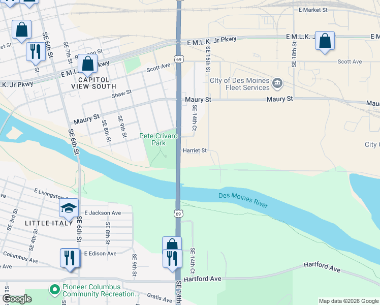 map of restaurants, bars, coffee shops, grocery stores, and more near 1419 East Railroad Avenue in Des Moines