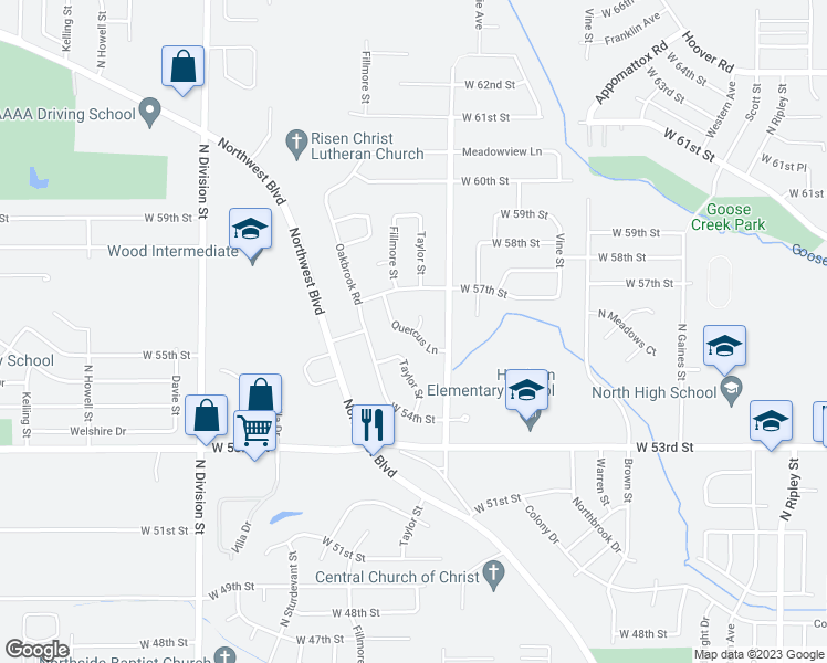 map of restaurants, bars, coffee shops, grocery stores, and more near 5611 Quercus Lane in Davenport