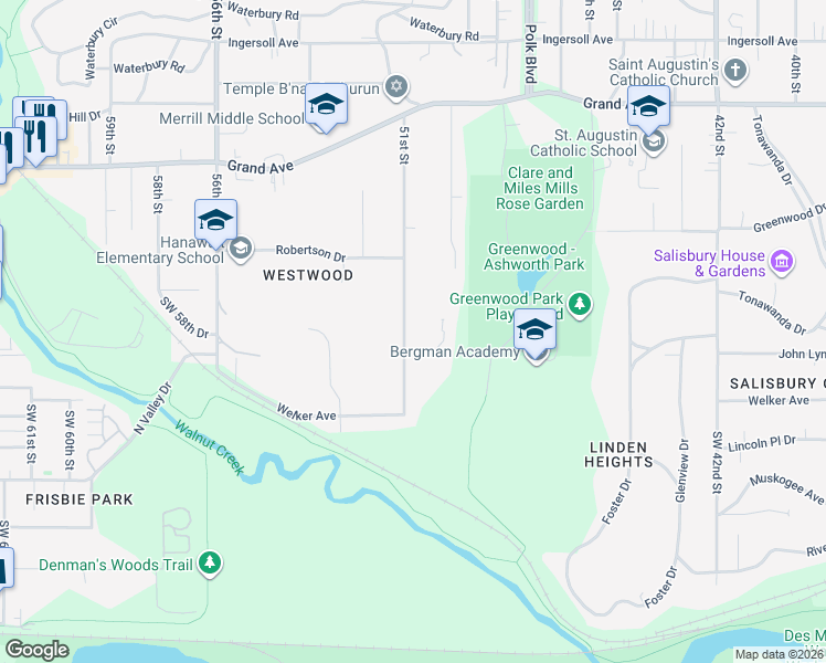 map of restaurants, bars, coffee shops, grocery stores, and more near 15 Greenwood Terrace in Des Moines