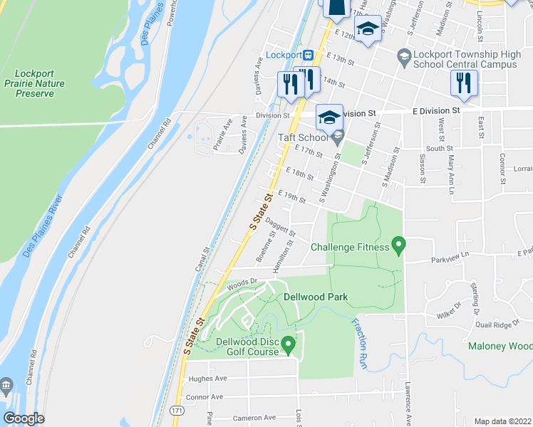 map of restaurants, bars, coffee shops, grocery stores, and more near 1928 South State Street in Lockport