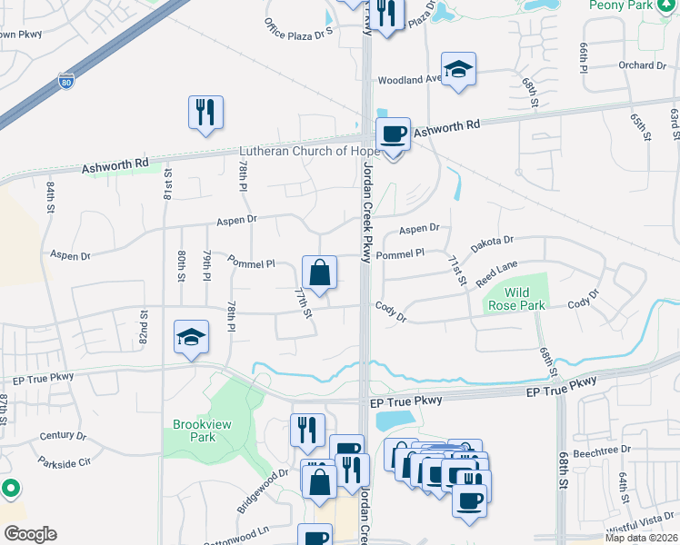 map of restaurants, bars, coffee shops, grocery stores, and more near 7426 Pommel Place in West Des Moines