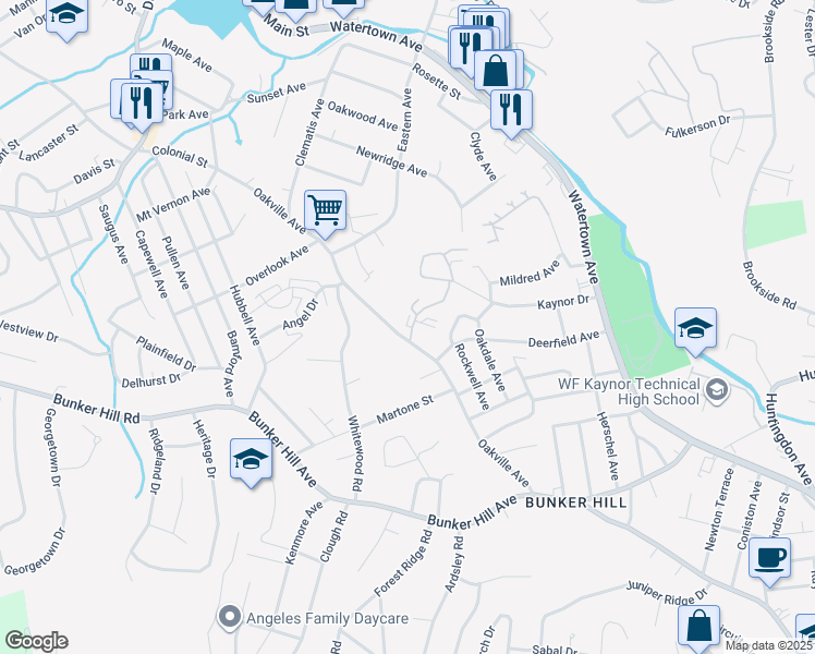 map of restaurants, bars, coffee shops, grocery stores, and more near 240 Oakville Avenue in Waterbury