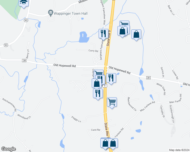 map of restaurants, bars, coffee shops, grocery stores, and more near 11 Cayuga Drive in Wappingers Falls