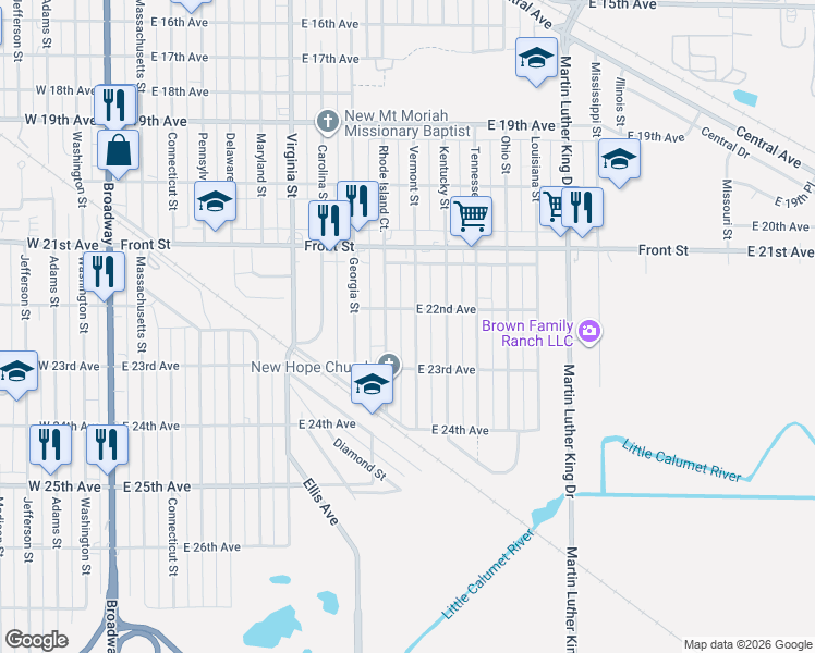 map of restaurants, bars, coffee shops, grocery stores, and more near 900-998 East 22nd Avenue in Gary