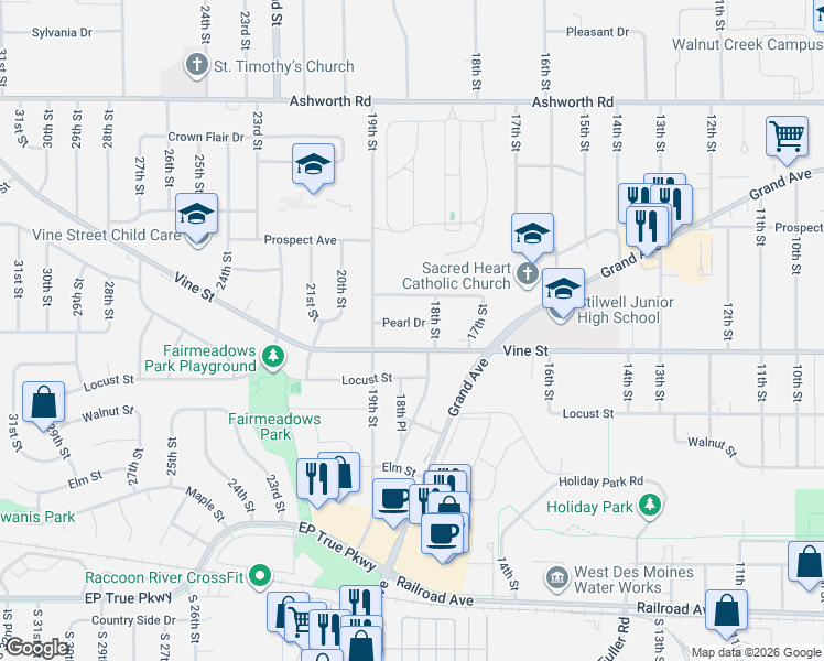map of restaurants, bars, coffee shops, grocery stores, and more near 1809 Pearl Drive in West Des Moines