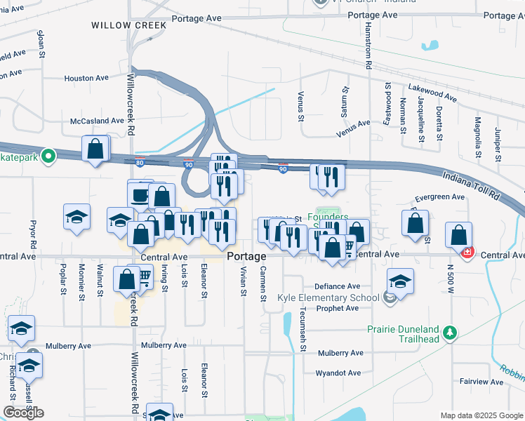 map of restaurants, bars, coffee shops, grocery stores, and more near 2500 SPC Roy Buckley Way in Portage