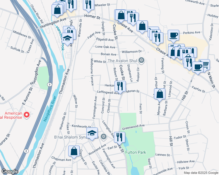 map of restaurants, bars, coffee shops, grocery stores, and more near 21 Robert Street in Waterbury