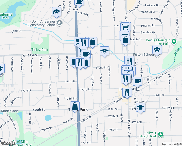 map of restaurants, bars, coffee shops, grocery stores, and more near 17201 71st Avenue in Tinley Park