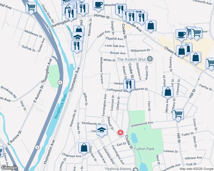 map of restaurants, bars, coffee shops, grocery stores, and more near 40 Melbourne Terrace in Waterbury