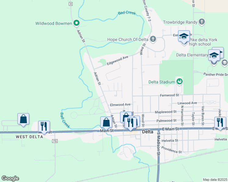 map of restaurants, bars, coffee shops, grocery stores, and more near 976 Oakview Drive in Delta