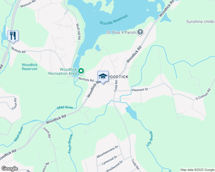 map of restaurants, bars, coffee shops, grocery stores, and more near 24 Todd Road in Wolcott