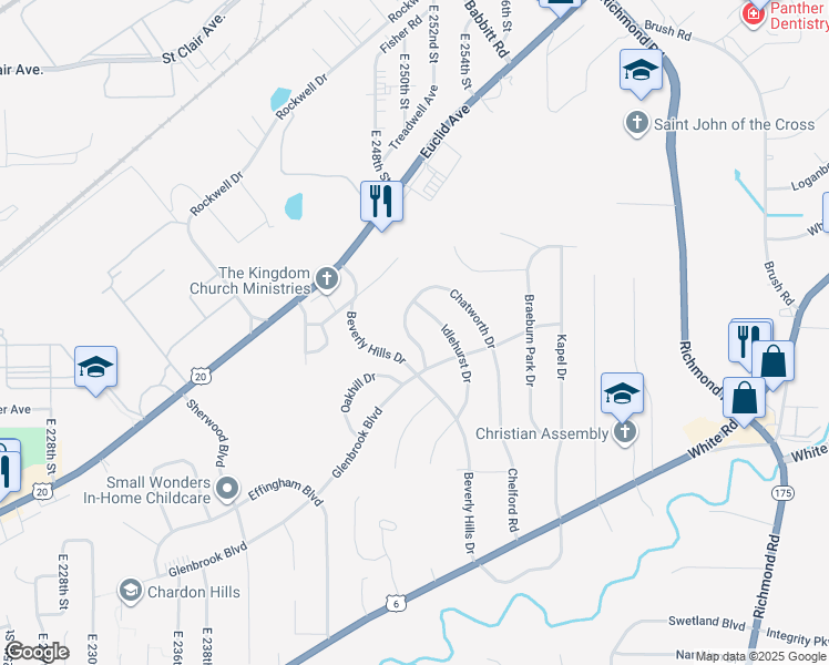 map of restaurants, bars, coffee shops, grocery stores, and more near 25180 Chatworth Drive in Euclid