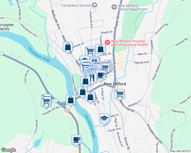 map of restaurants, bars, coffee shops, grocery stores, and more near 27 Main Street in New Milford