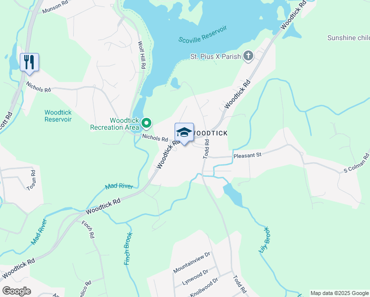 map of restaurants, bars, coffee shops, grocery stores, and more near 24 Todd Road in Wolcott