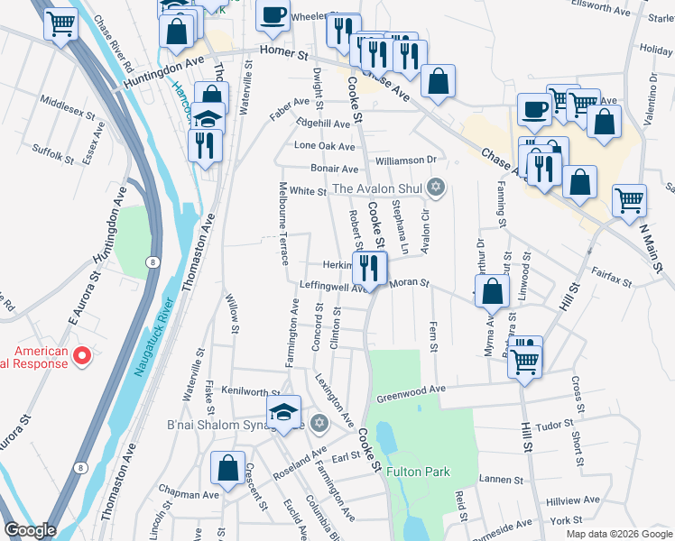 map of restaurants, bars, coffee shops, grocery stores, and more near 21 Robert Street in Waterbury
