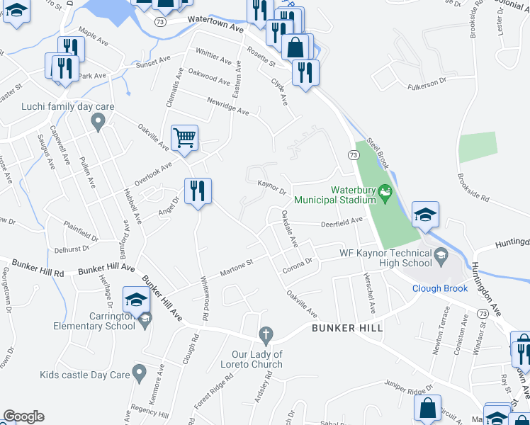 map of restaurants, bars, coffee shops, grocery stores, and more near 35 Armand Drive in Waterbury