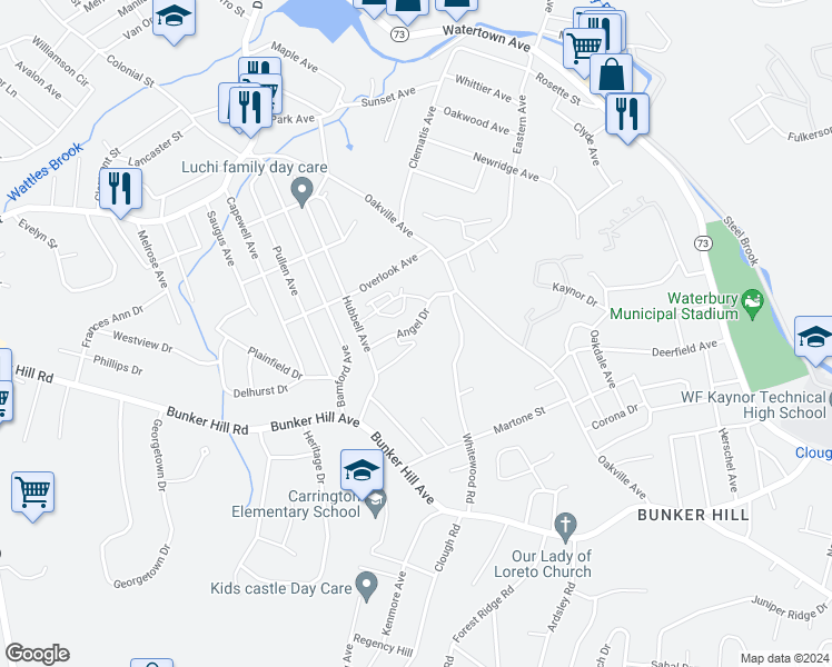 map of restaurants, bars, coffee shops, grocery stores, and more near 56 Angel Drive in Waterbury