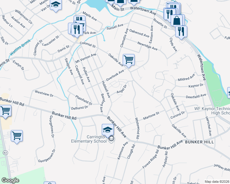 map of restaurants, bars, coffee shops, grocery stores, and more near 118 Angel Drive in Waterbury