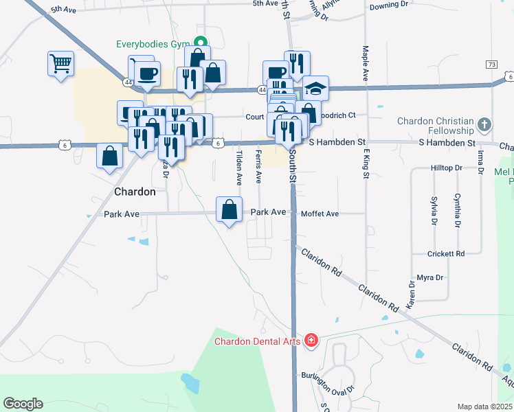 map of restaurants, bars, coffee shops, grocery stores, and more near 133 Ferris Avenue in Chardon