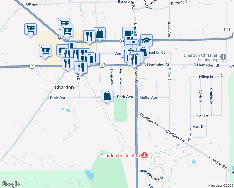 map of restaurants, bars, coffee shops, grocery stores, and more near 133 Ferris Avenue in Chardon