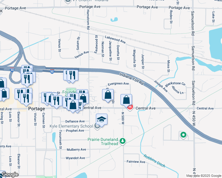 map of restaurants, bars, coffee shops, grocery stores, and more near 6465-6495 Evergreen Avenue in Portage