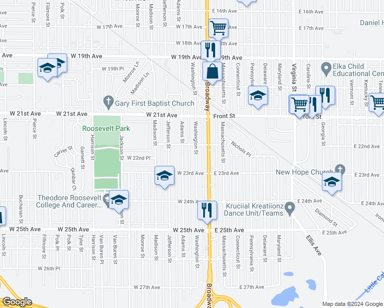 map of restaurants, bars, coffee shops, grocery stores, and more near 1-99 West 22nd Avenue in Gary