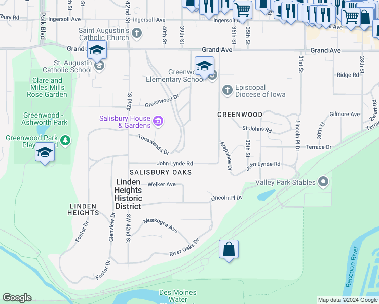 map of restaurants, bars, coffee shops, grocery stores, and more near 103 Tonawanda Drive in Des Moines